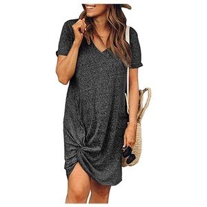 Dark grey T-shirt dress with v-neck and front knot